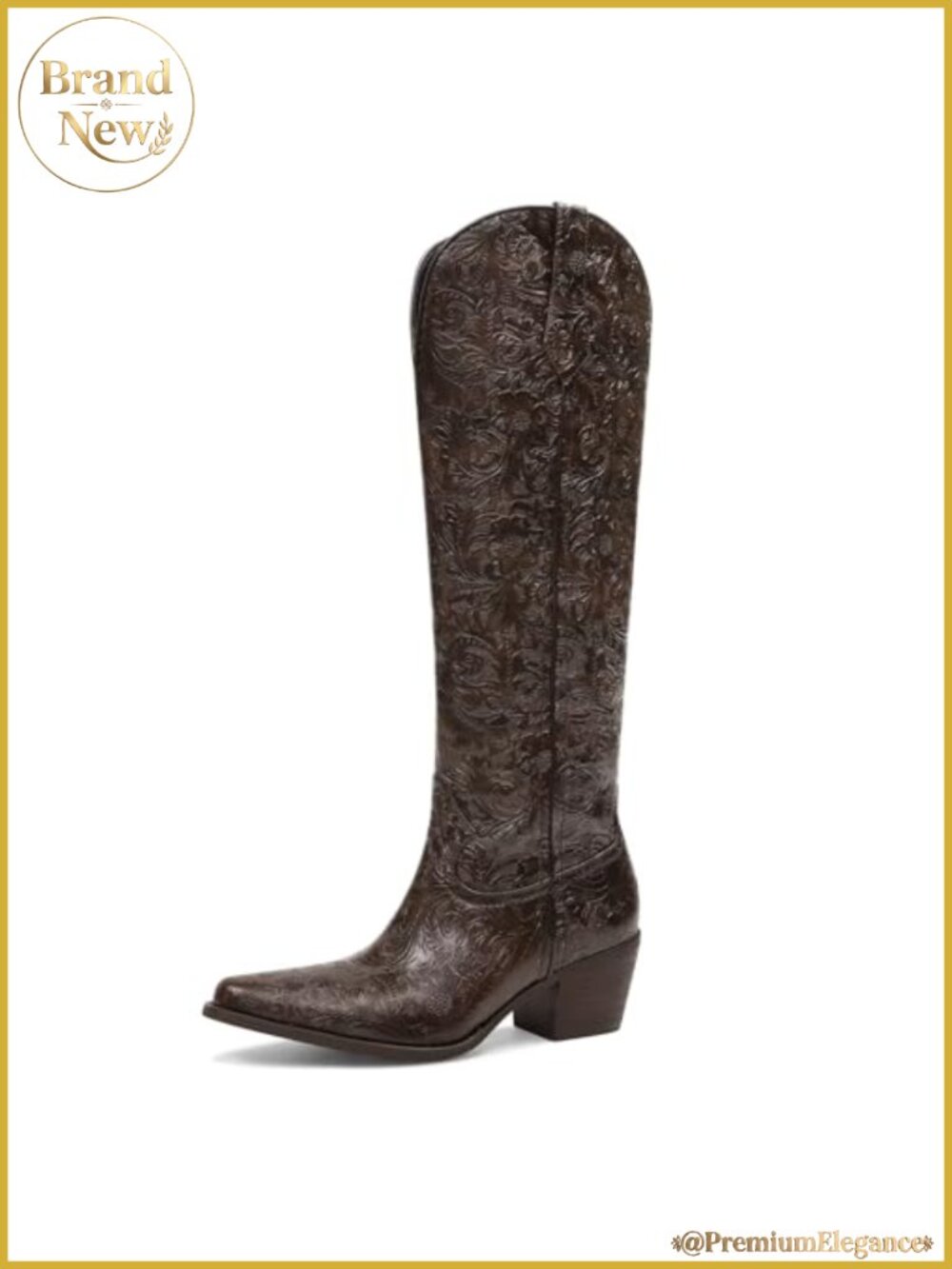 Women's Knee High Western Cowboy Boots Floral Embossed Block Heel Pointed Toe